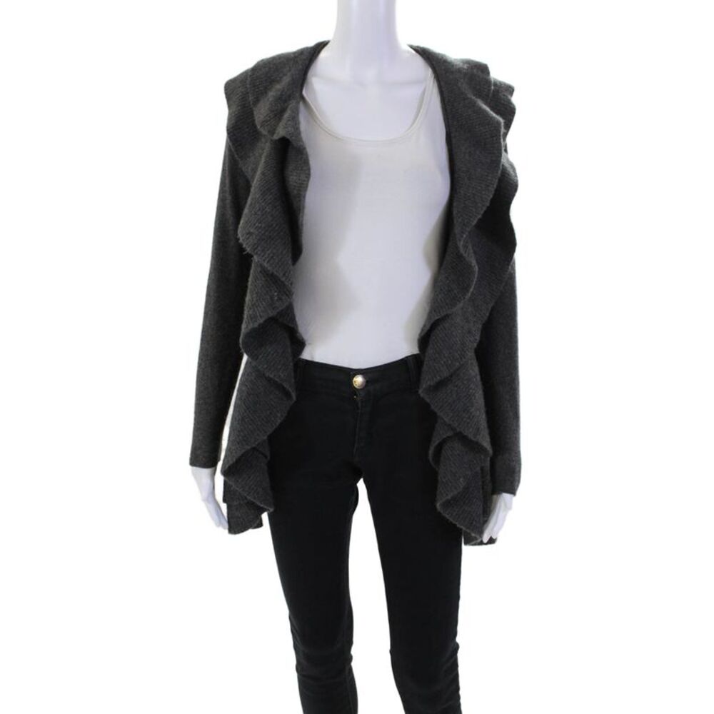 Malika Womens Ruffled Open Front Cashmere Knit Cardigan Sweater Gray Size XS